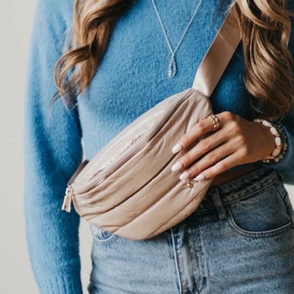 Taupe Shiny Quilted Puffer Bum Sling Crossbody Bag - Picture 1 of 5